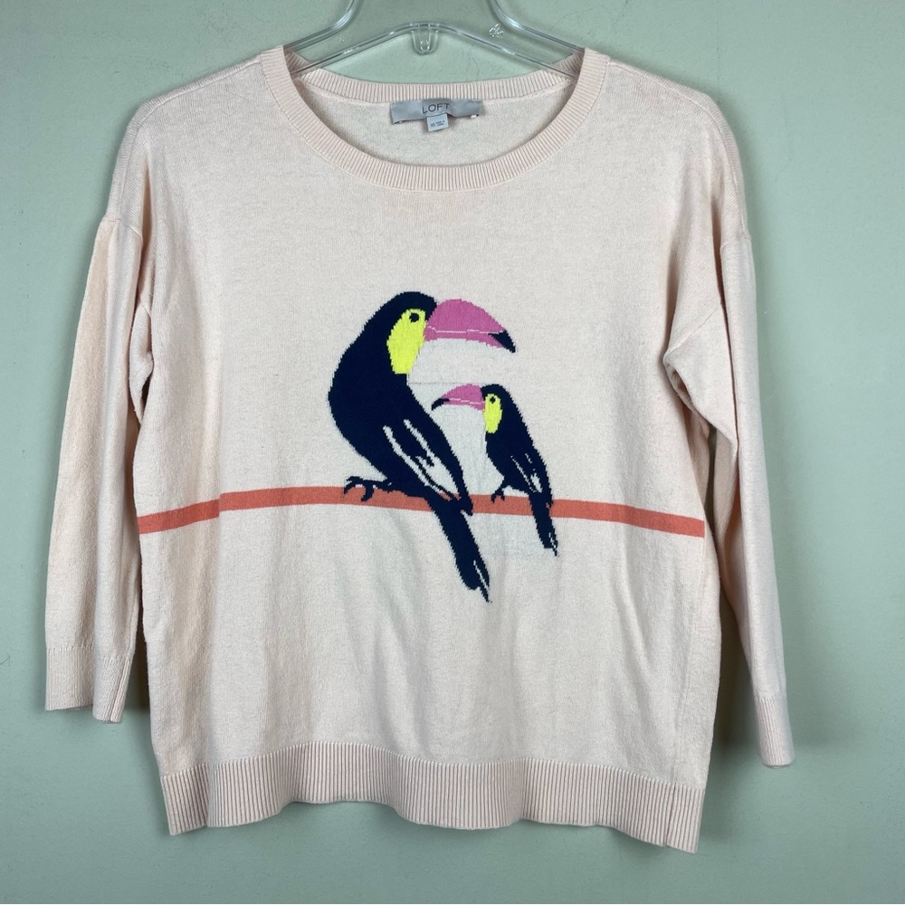 LOFT 100% Cotton Toucan Bird Novelty Print Crew Neck Sweater Light Coral Sz XS